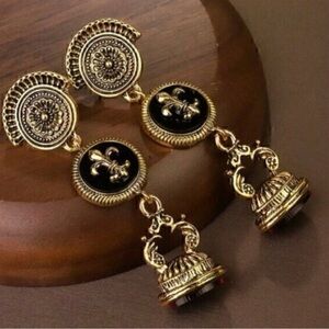 Vintage inspired French Fleur de lis Palace Red Gold Black Dangle Earrings.
